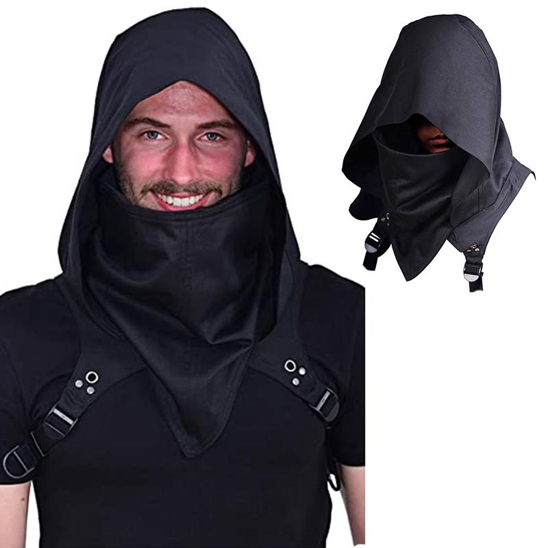 Men's Medieval Vintage Pirate Cosplay Hooded Cloak Black Cyberpunk Rogue Cowl Hood Scarf Halloween Party Costume Props