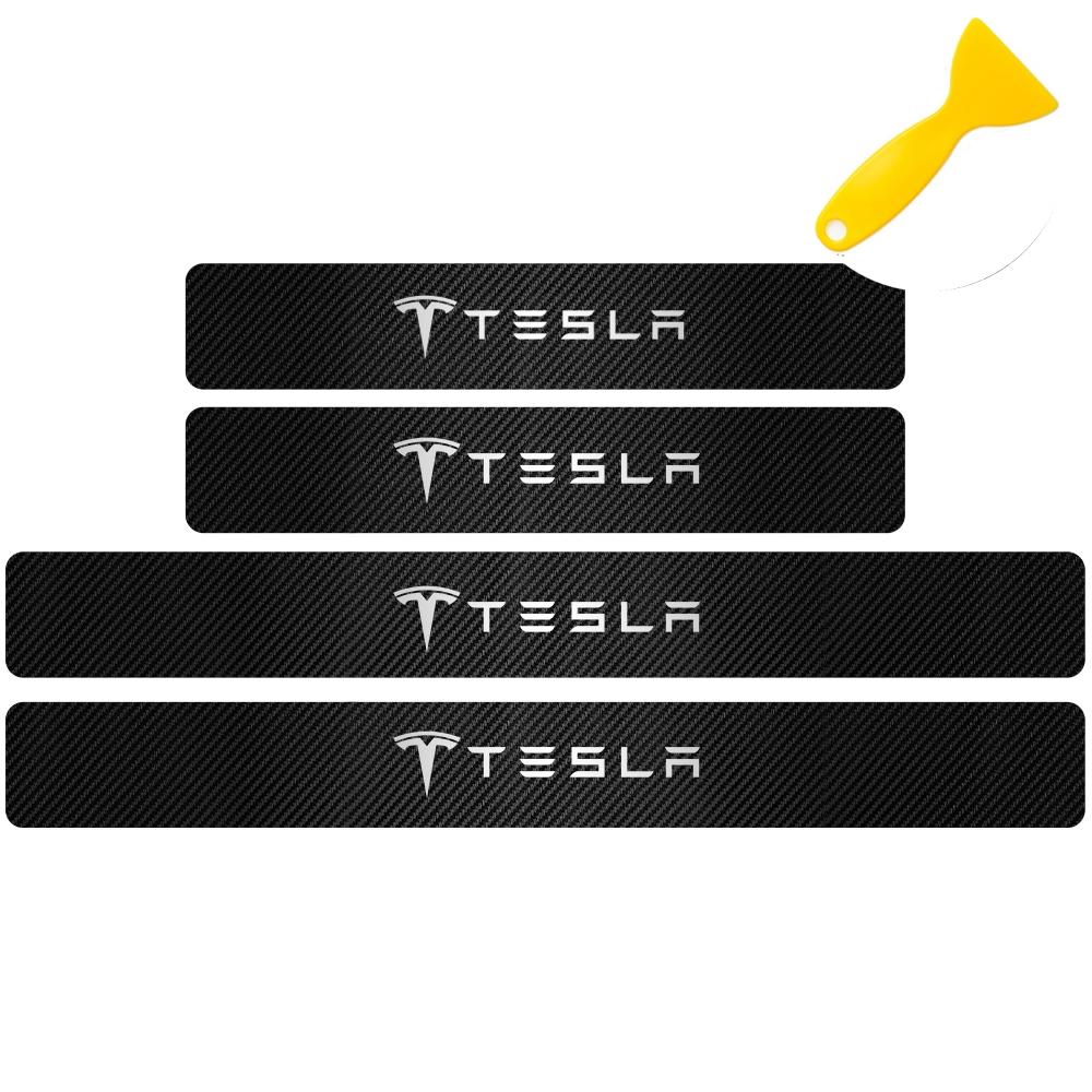 4pcs Car Anti Scratch Scuff Carbon Fiber Door Threshold Stickers for Tesla Model 3 Model S X Model Y Roadster SpaceX Cybertruck