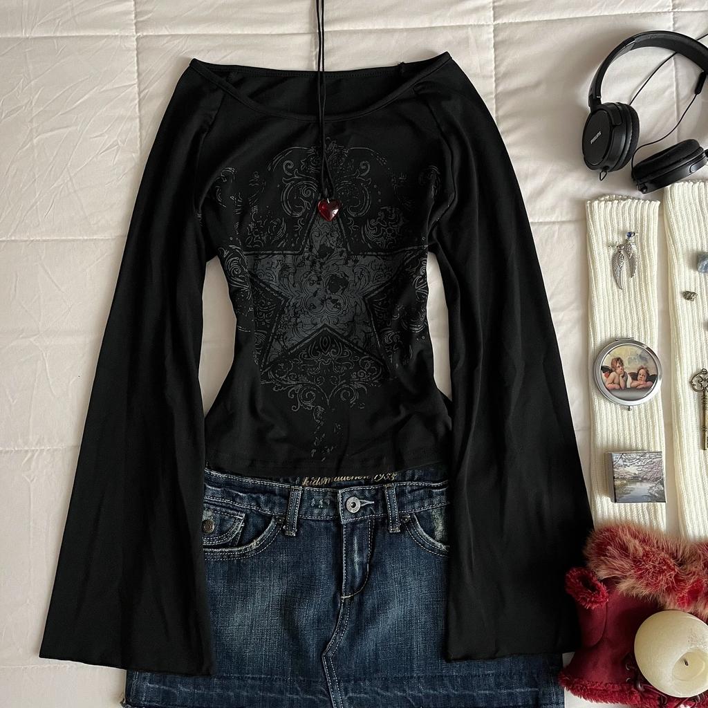 Y2K Grunge Emo Muster Oberteil Geeignet für Herbst E-Girls Millennium Stil Damen Ästhetik Gothic Bedrucktes Lockeres Langarm-T-Shirt