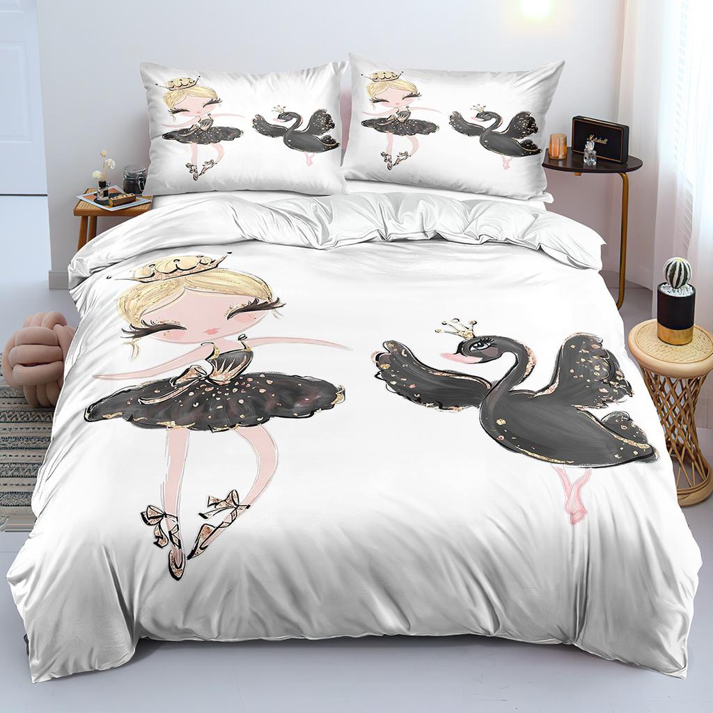 3D Printed Beautiful Swan and Ballet Girls Duvet Cover Set with Pillow Case, Cartoon Comforter Covers for Boys Girls and Zipper