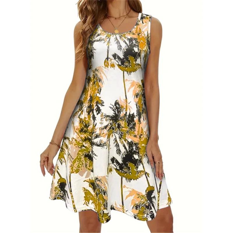 Plants And Flower Buds Pattern Women Mini Dresses Summer Sleeveless O-Neck