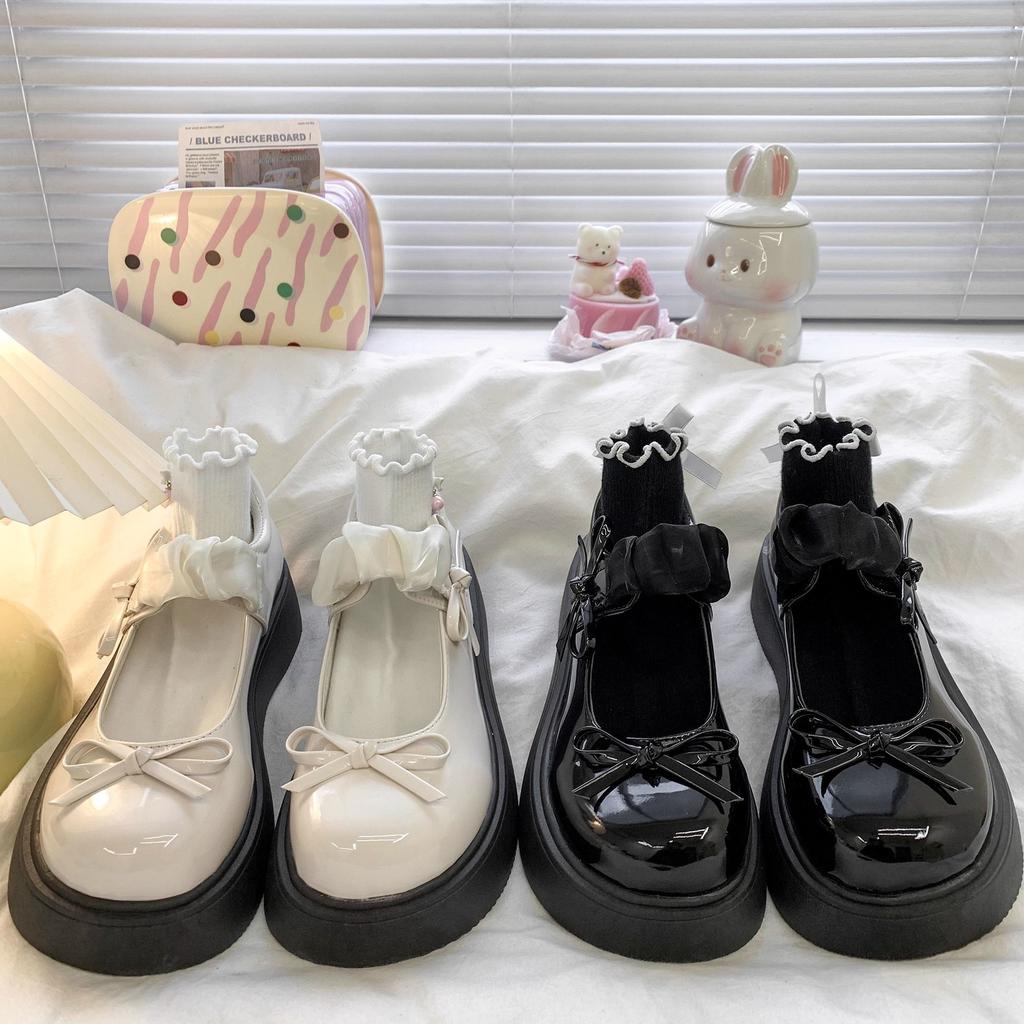 Thick-soled shallow-mouth single shoes women's 2025 new fashion bow small leather shoes heightening French with skirt Mary Jane shoes
