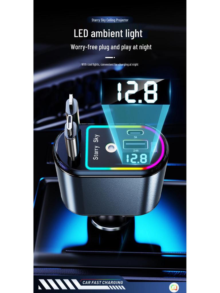 Dual USB Car Charger with Digital Display and Retractable Cable