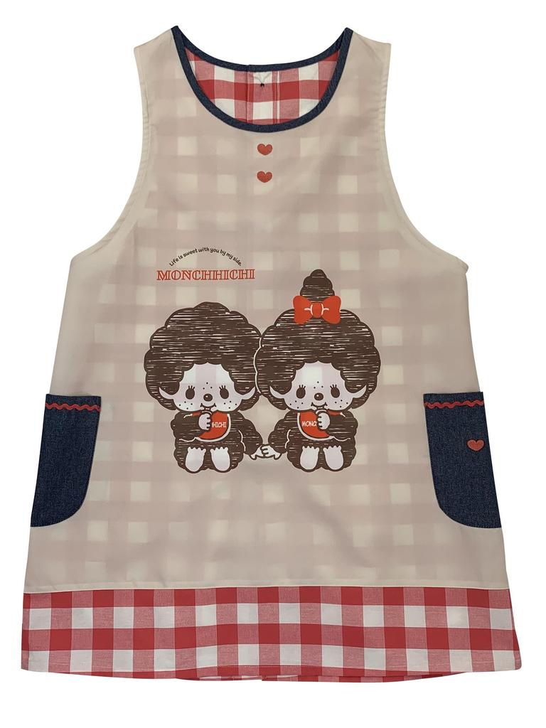 Momo and x Side Check [Atelier Momo] [Monchhichi] [Sanrio] Apron, Opening, Beige, Pattern, Women's, M-L, MA43997-51