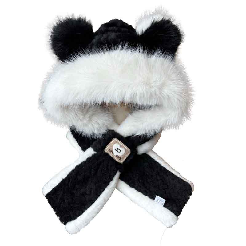 Winter New Bear Ears Women's Hat Scarf Integrated Two-piece Set Cute Plush Color Matching Student Cycling Ear Hat