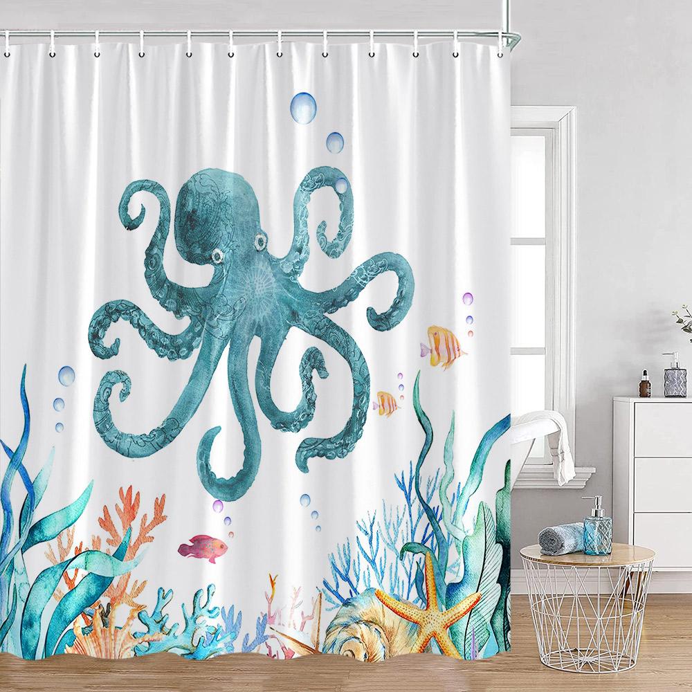 Octopus Shower Curtains Ocean Animals Funny Octupus Undersea World View Bathroom Curtain Nautical Bath Decorations with Hooks
