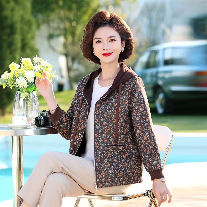 Elegant Print Hooded Jacket for Middle-Aged Women - Slimming, Fashionable Spring/Autumn Sweatshirt