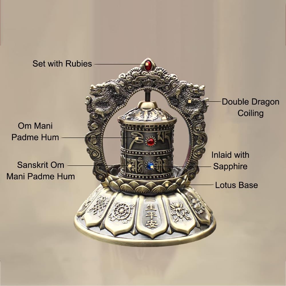 Buddhist Solar Spinning Prayer Wheel, Silent Tibetan Prayer Wheel - Om Mani Padme Hum, Table Top Decorations Ornaments for