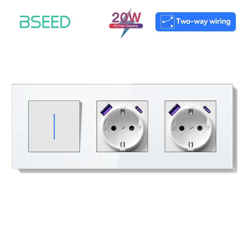 BSEED 1/2Gang Mechanical Light Switches 2way Pass Through Switch With EU Socket USB Type-c LED Indicator Glass Frames E Series