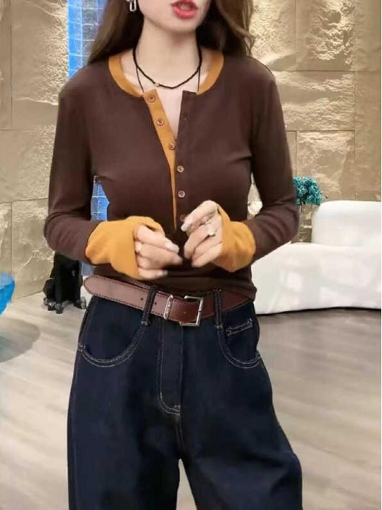 Women's Cotton Retro Colorblock Long Sleeve T-Shirt - 2025 Plus Size Slimming Inner Base Layer for Early Autumn