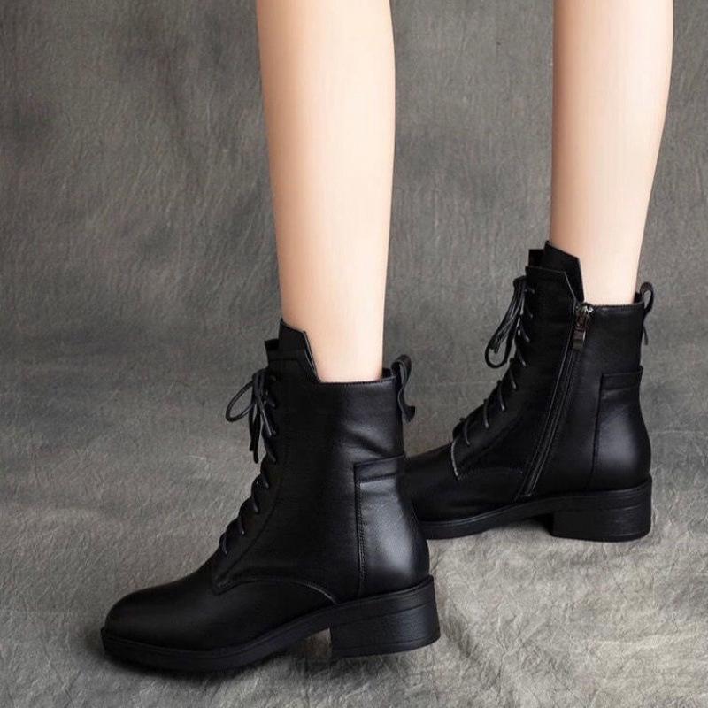 Low-heeled Pointed Mid-leg Boots Cross-strap Martin Boots New Skinny Leather Boots for Autumn and Winter