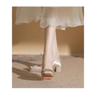 Satin High Heels Damen Neu Sommer Dicke Ferse Einzelne Schuhe Quadratische Ferse Atmungsaktiv Hochzeitsschuhe Hochzeit Brautschuhe Hochzeitsschuhe