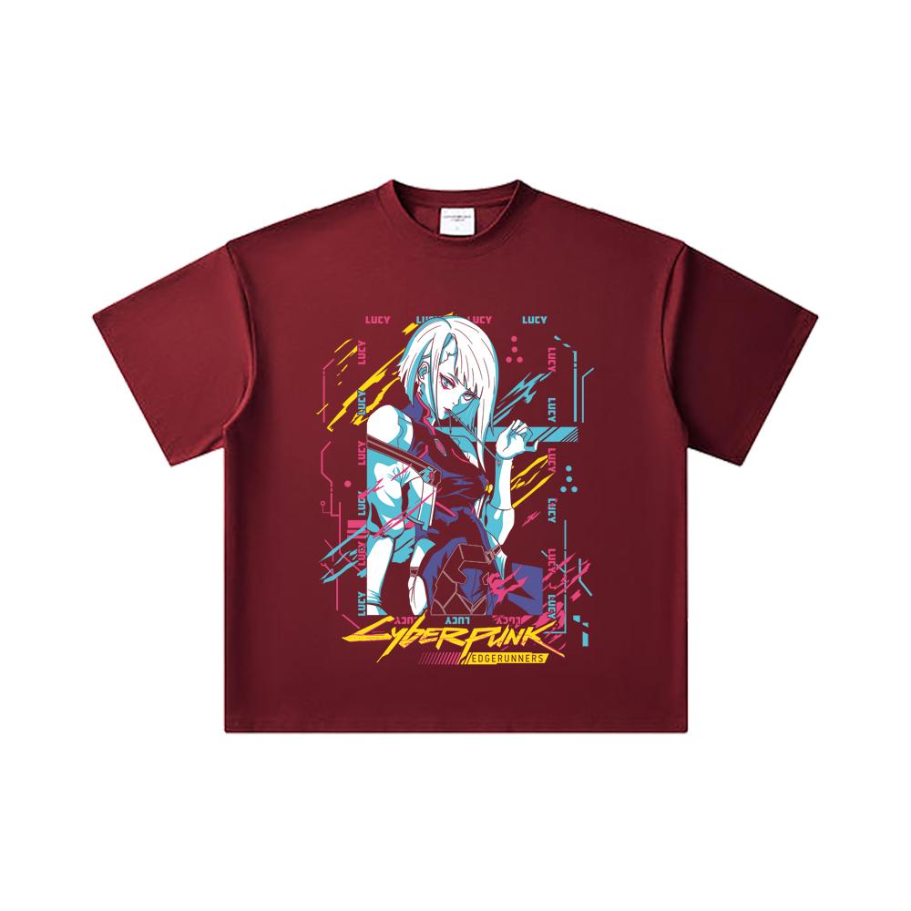 

260 GSM Double Yarn 32 Count 100% Cotton Cyberpunk Edgerunners V1 Lucy Print Unisex Heavy Cotton T Shirt 2XL вина червоного кольору