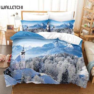 Conjunto de Cama Cabana Cena de Neve Capa de Edredom Conjunto de Cama 3d Impressão Digital Roupa de Cama Tamanho Queen Design de Moda