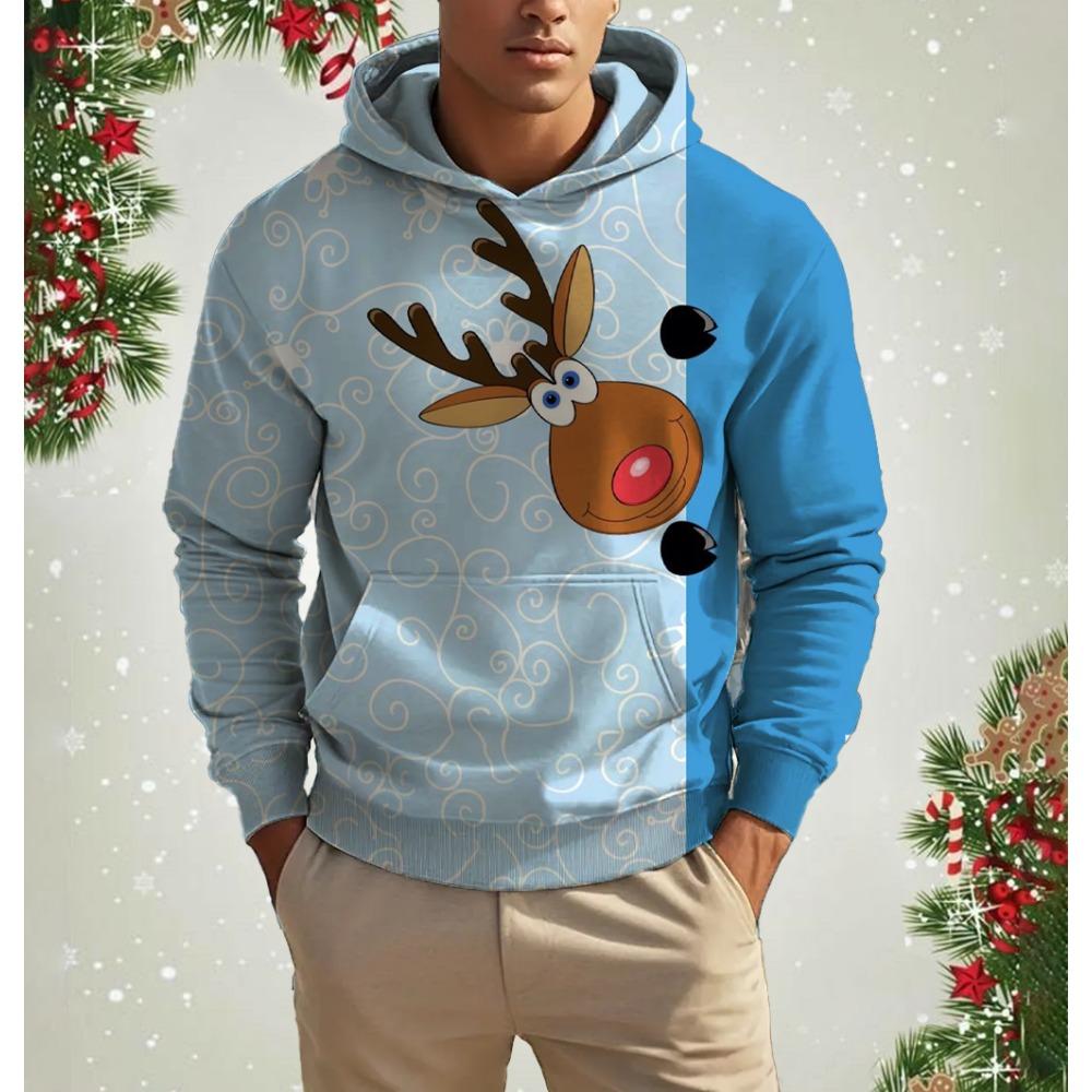 Christmas Elk Print Men's Hoodies & Sweatshirts Autumn Winter Casual New Year Clothing Fashion Loose Hooded Pullover X'mas Tops