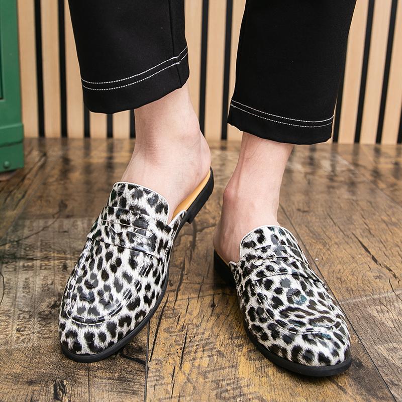 Men's Slippers Mule Loafers Leopard Print Leather Clogs Summer Dress Sandals Casual Backless Half-drag Shoes Plus Size