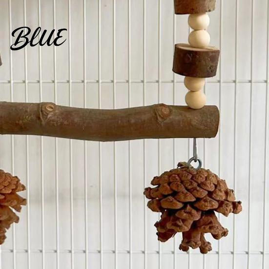 Bird Standing Branch Wooden Parrot Swing Toy Hanging Perch Stand with Pinecone/Bell Cage Natural Wood Toy for Parakeet Cockatiel Finches Conures