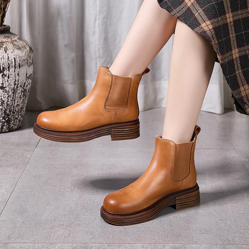 British Style Women Chelsea Boots Genuine Leather Heel Platform Comfortable Anti-slip Ankle Boots Winter Warm Women Short Boots