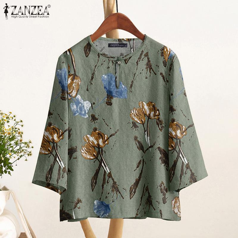 ZANZEA Women Casual Round Neck 3/4 Sleeve Loose Print Blouse