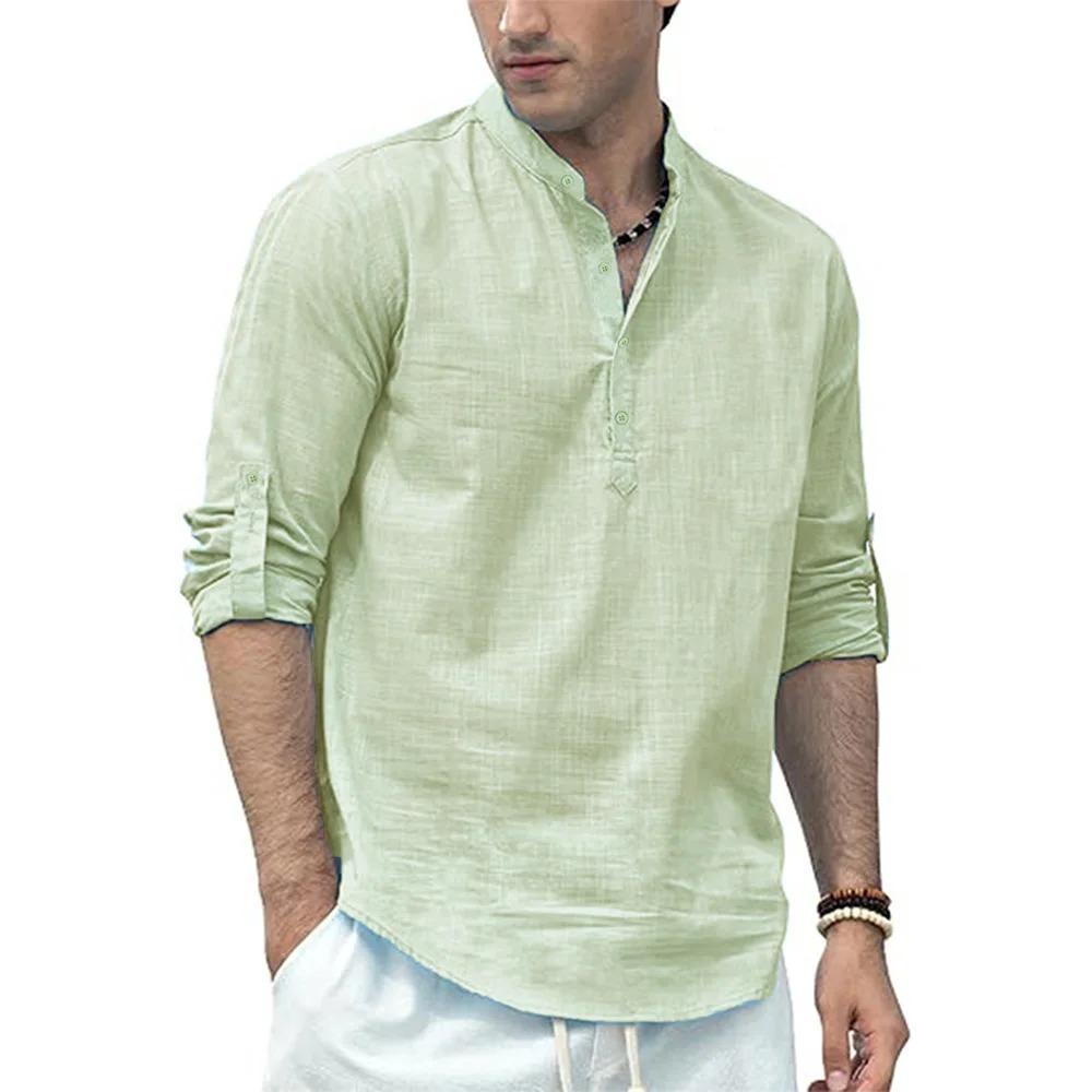 Men's Cotton Linen Long Sleeve Polo Shirt Lightweight Henley Neck Hawaiian Beach Style Solid Color Tops Vacation T-shirt