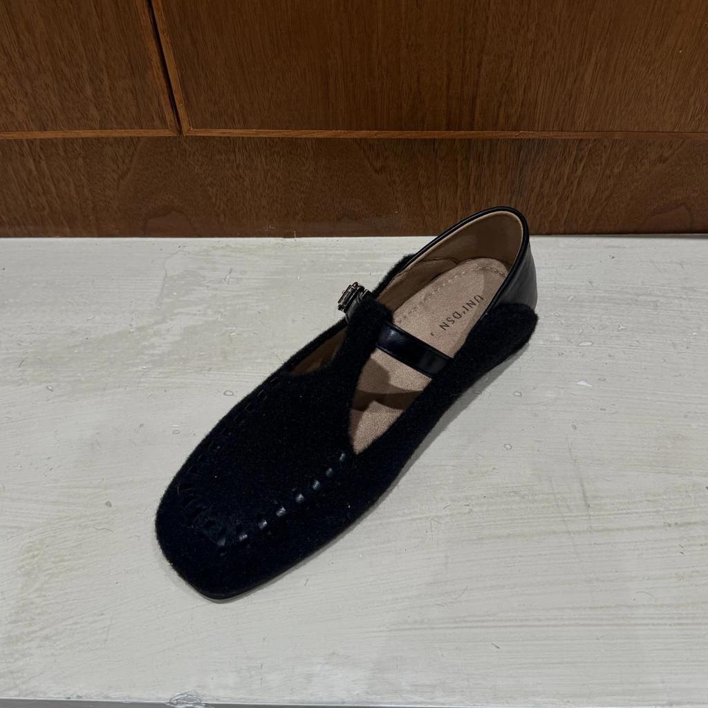 Inner Height Increase of 3cm~ Square Head Mary Jane Shoes for Women's 2025 Early Autumn New Korean Version Woolen Material One-word Ballet Shoes