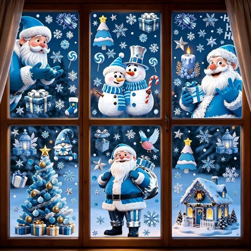 Christmas Decorative Glass Sticker Snowflake Snowman Blue Crystal Ball Theme Non-residue Window Decal for Xmas Party Home