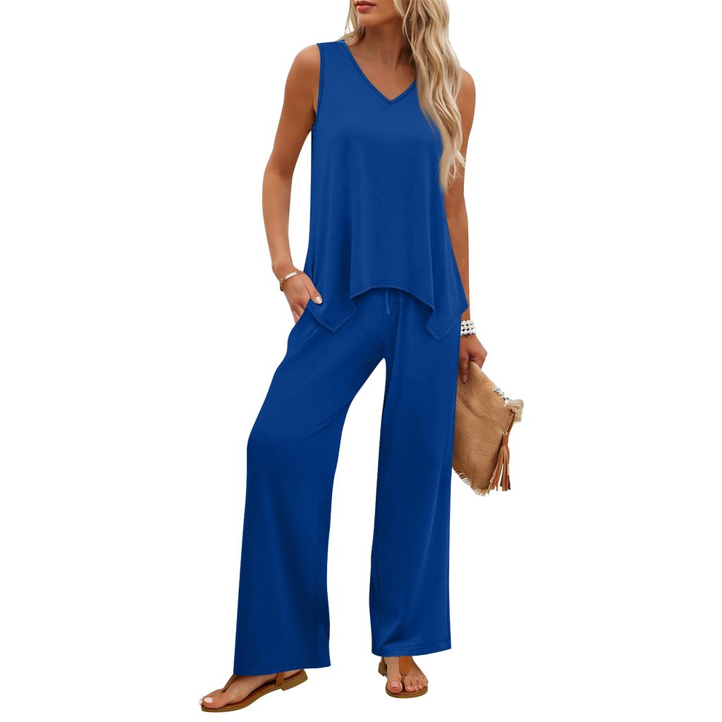 Women Sleeveless Tank Top and Wide Leg Pants Two Piece Set Casual Lounge Wear Travel Vacation Outfit Soft Fabric Relaxed Fit