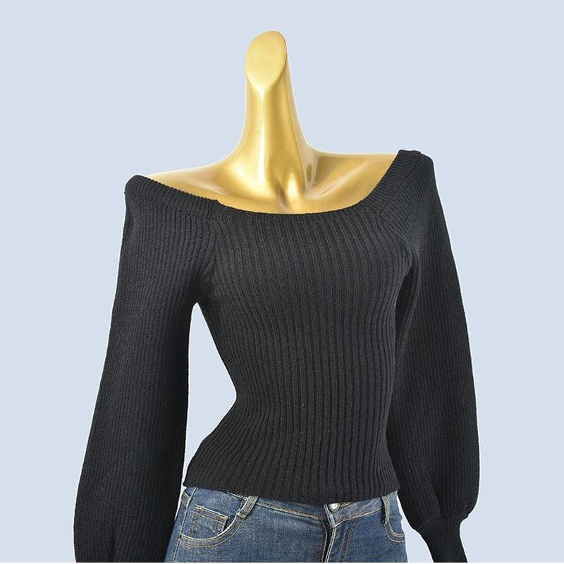 French Style Temperament Fall and Winter Square Collar Slimming Slim and Sexy off-Shoulder Short Knitted Long Sleeve Sweater Base Tops Women