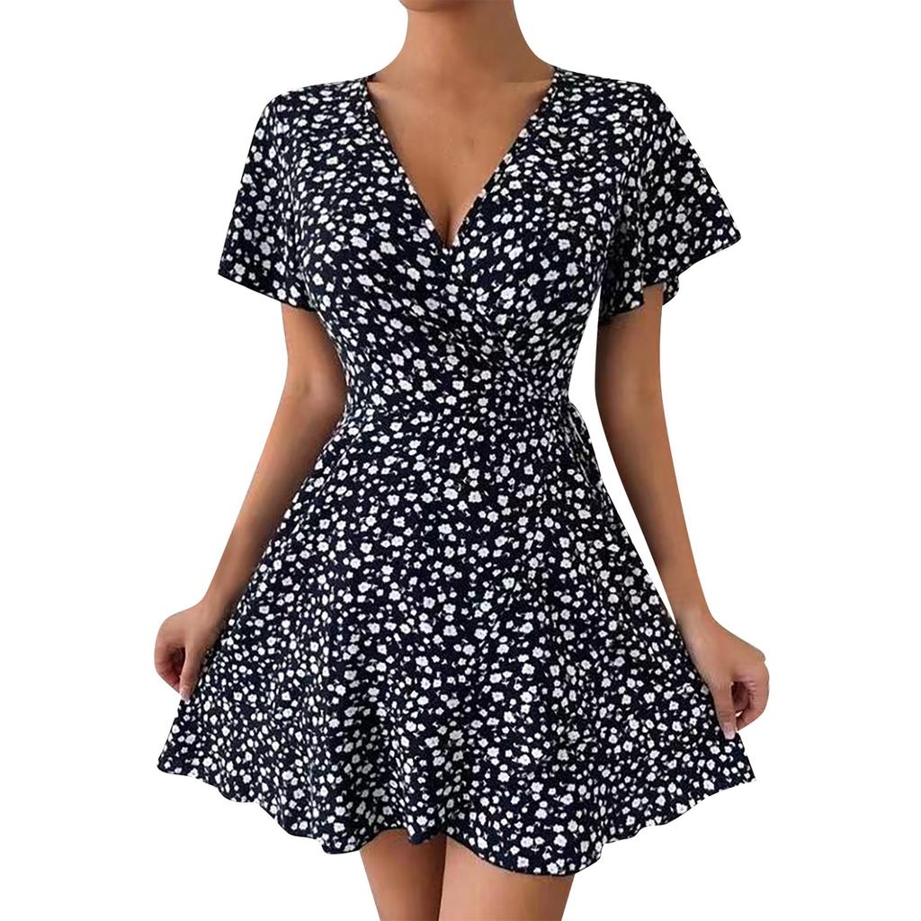 Women's New Summer Sexy Floral Lace-up Short Sleeve V-neck Dress