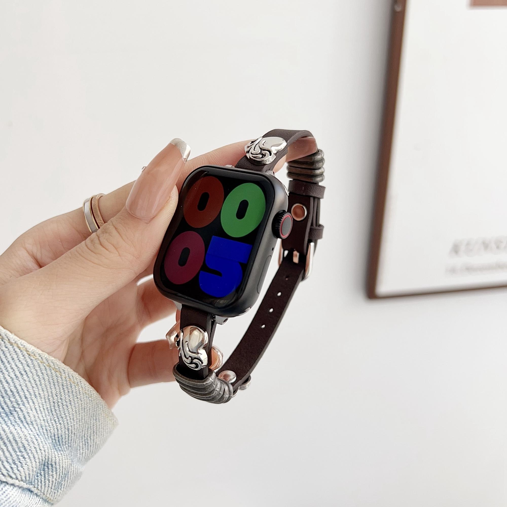 

For Apple Watch Series 10 46mm/Ultra 2/Ultra 49mm/9 8 7 45mm/SE (2023) SE (2022) SE 6 5 4 44mm/3 2 1 42mm Genuine Leather Watch Strap Brown