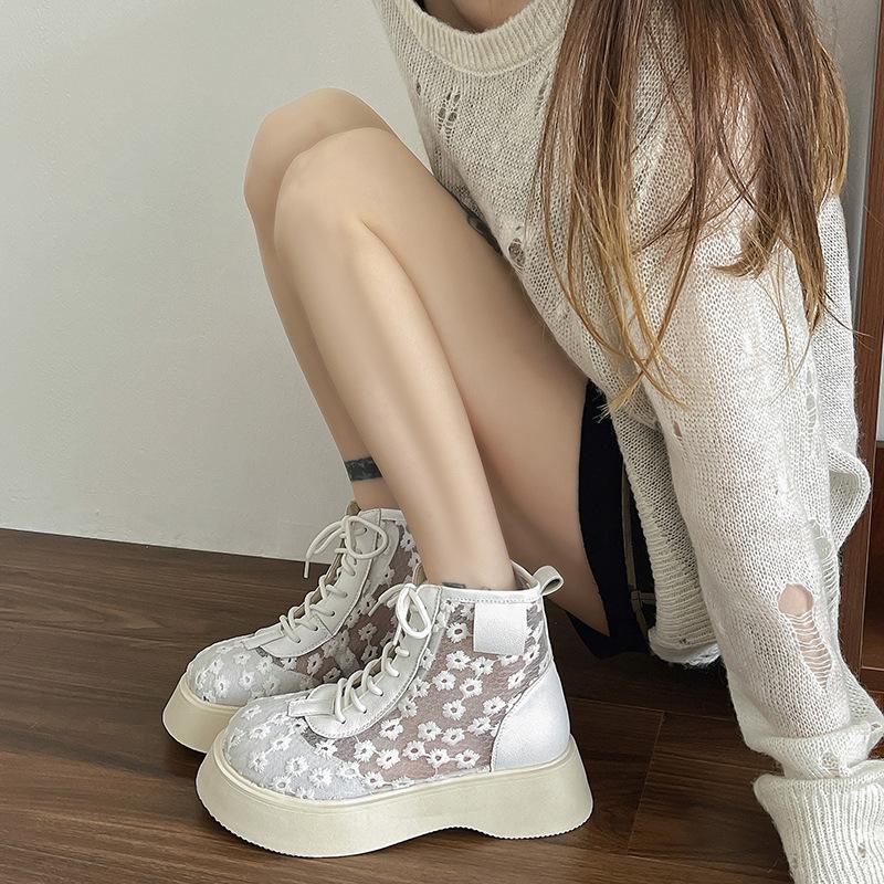 Fashion 2025 New Women's Sandals Thick Sole Lace Mesh Lace-up Embroider Women's Boots Dress Forest Anti-Slip Sole Breathable Zapatillas