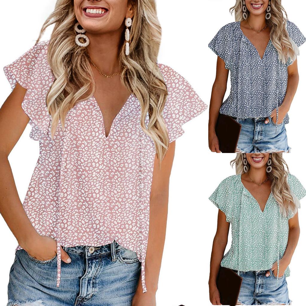 Casual Women Printed V-neck Floral Short-sleeved Casual Pullover T-shirt