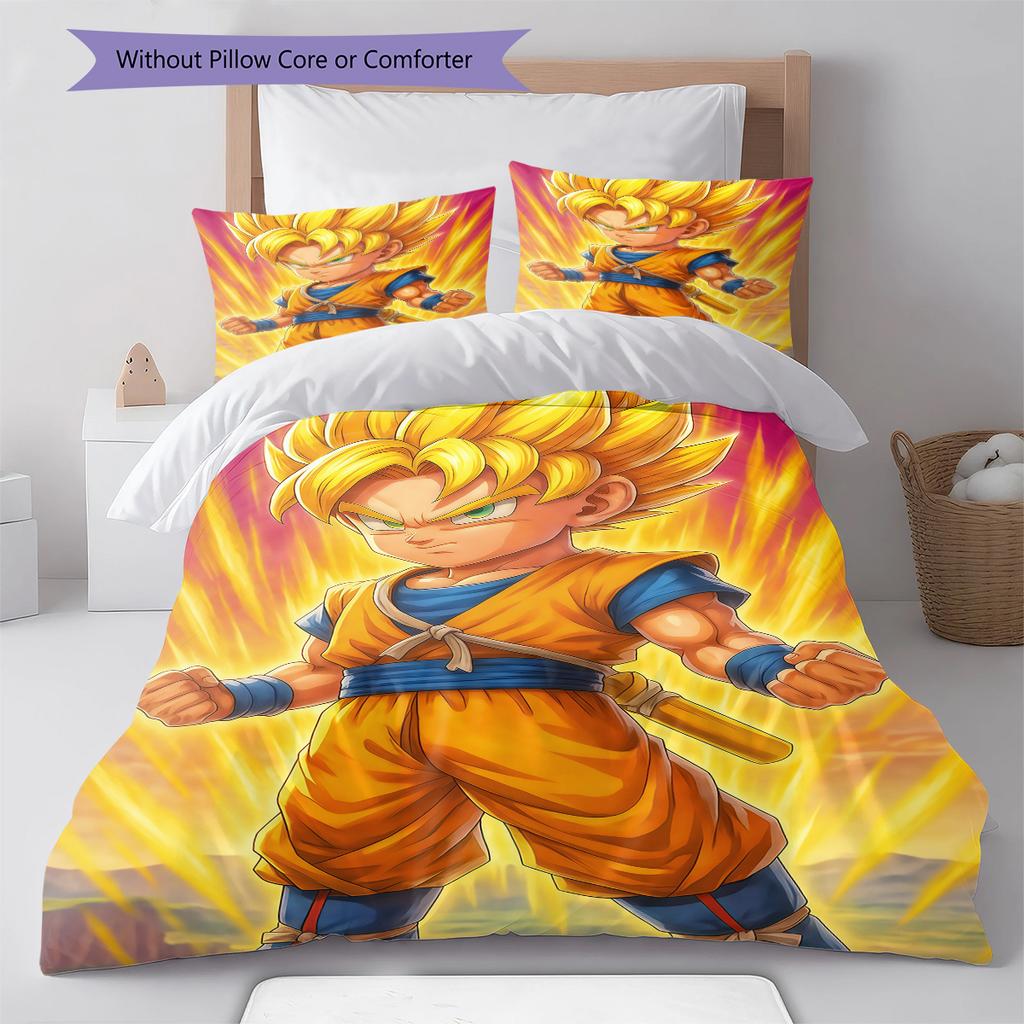 Sängkläder med Son Goku-mönster, Täcke Set Täckeöverdrag Örngott Hem Födelsedagspresent (1 * påslakan + 2 * örngott, utan kärna)