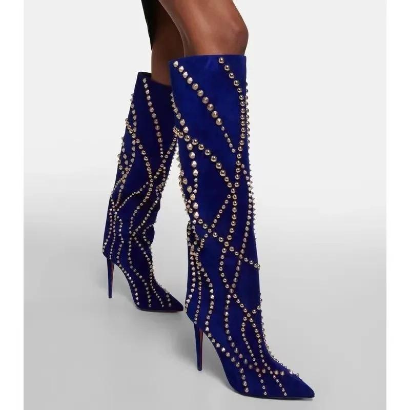 Modemarke Ganzmetallnieten Dekoration Laufsteg Lange Stiefel Damen Wildleder Schlanker Hoher Absatz Spitz Glänzend Mittellange Stiefel Größe 34-43