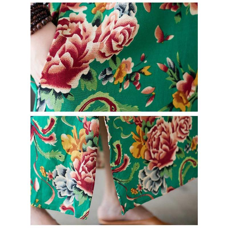 Summer New Printed V-neck Loose Large Size Chinese Style Long Dress Temperament Female