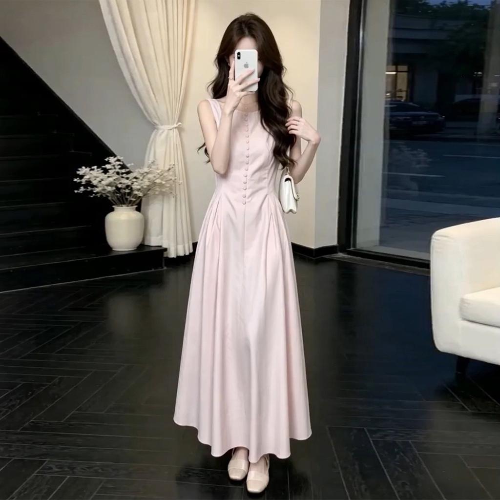 New French temperament pink sleeveless suspender dress, generous and decent in summer, beautiful waist dress