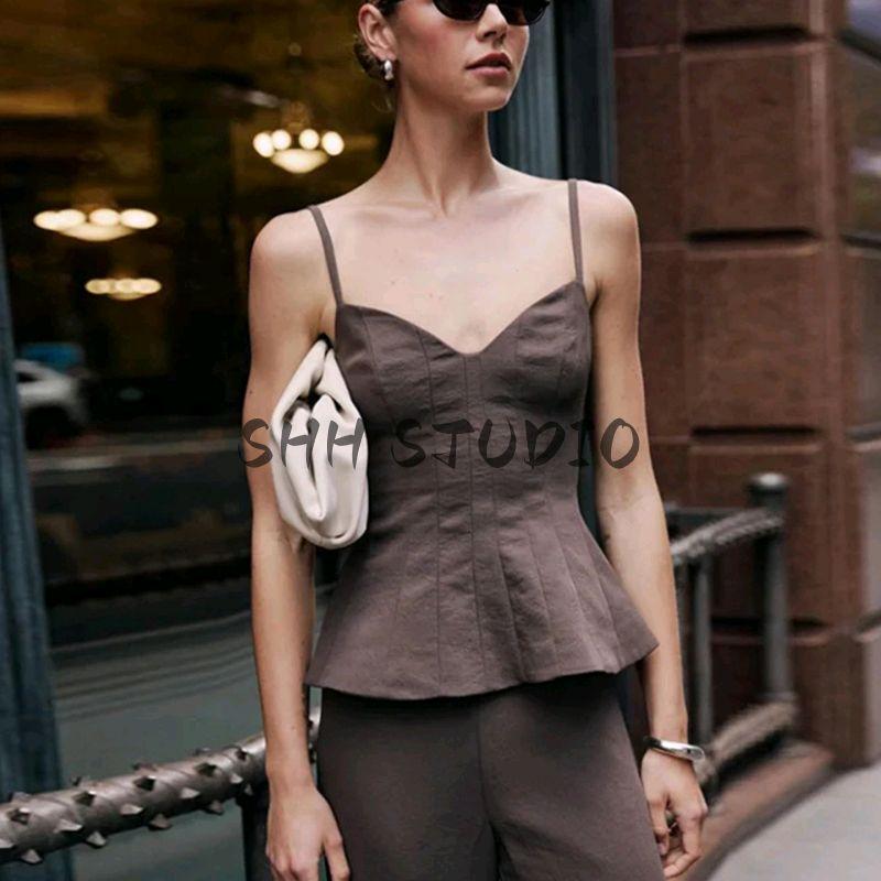 Summer New Women clothes V-neck Sleeveless Solid Short Sling Top + High Waist Straight Casual Trousers Set