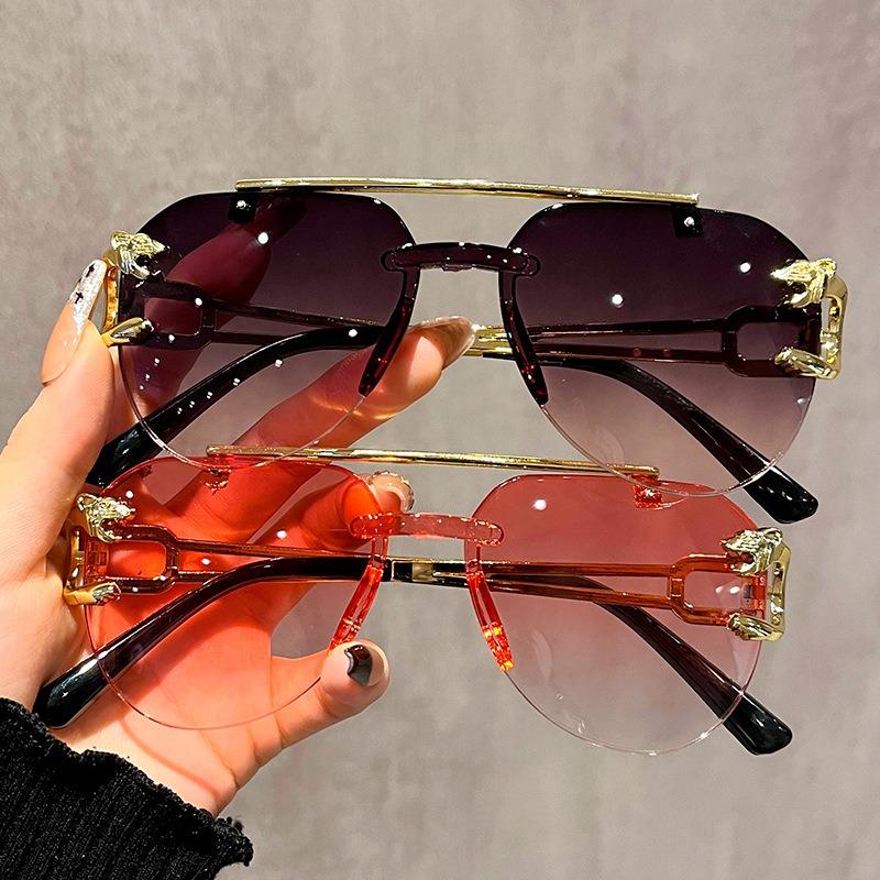 High-end, Stylish Unframed Double-beam Anti-glare Sunglasses with Lion and Tiger Mirror Frames for A Bold, High-impact Look
