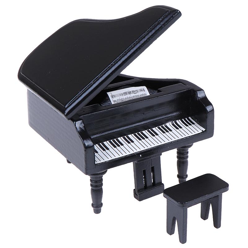 1:12 Dollhouse Miniature Black Wooden Grand Piano With Stool Model Play Toys