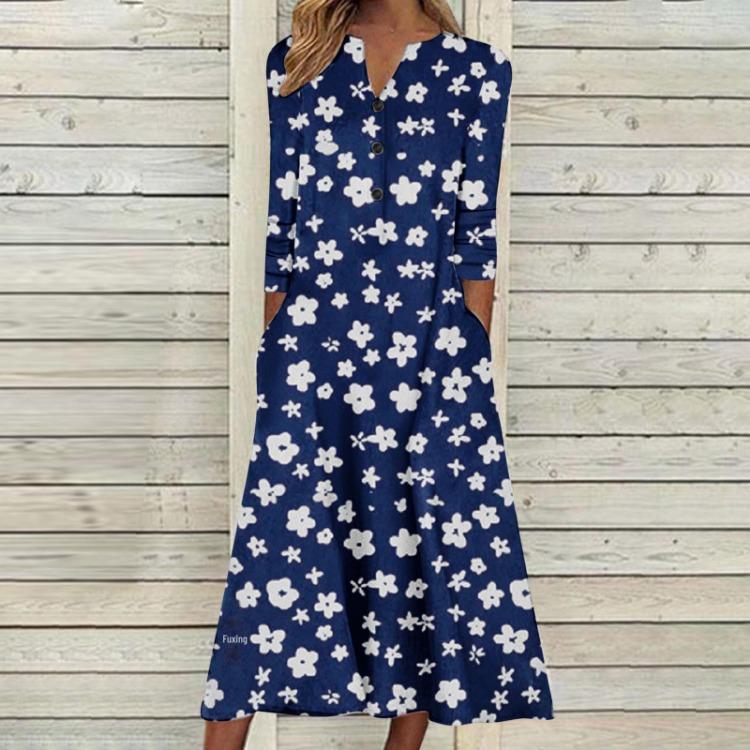 2023 Autumn Women Printed Maxi Dress Long Sleeve Open Chest Skirt Fashion Trendy