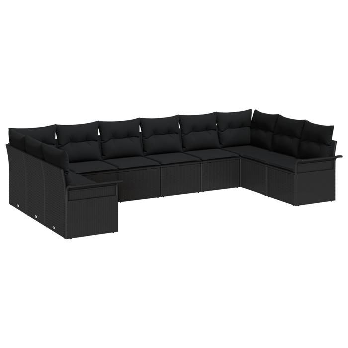 Set de 10 pièces de Canapé de Jardin avec Coussins Noir Poly Rattan, Canapé de Jardin 2 places avec Rangement et Coussins 3354212