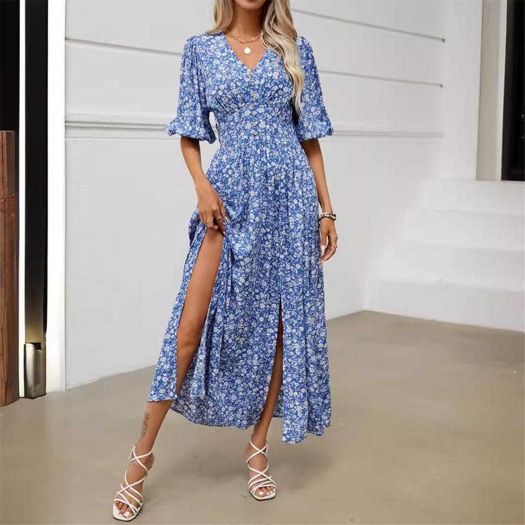 Tooxika Summer New V-neck Lantern Sleeve Waist Dress Resort Style Split Bohemian Beach Skirt