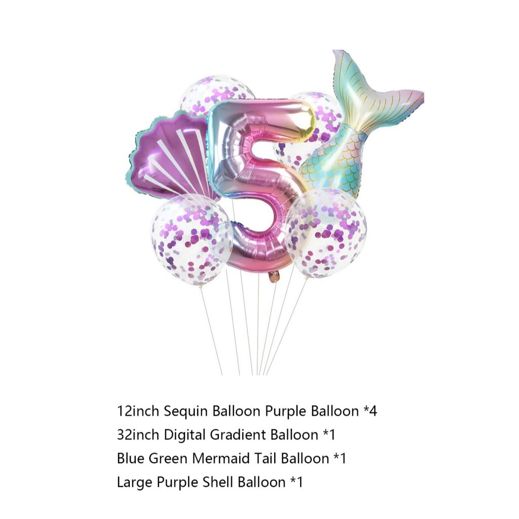 7Pcs/set Mermaid Party Number Balloons Gradient Color Number Foil Balloon Kids Little Mermaid Theme Birthday Baby Shower Party Decorations