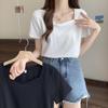 Women's Summer V-Neck Loose Fit Korean Style Short-Sleeve Solid Color Casual T-Shirt
