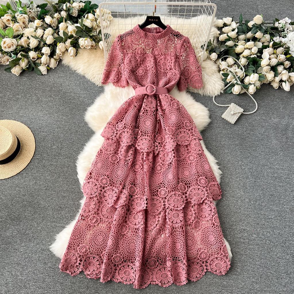 Summer Hollow Out Ruffles Lace With Belt Patchwork Dress High Waist Vestidos Sweet Style Women's Dresses Autumn Spring