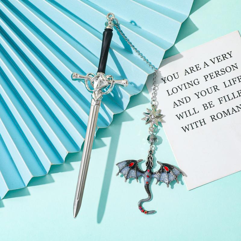 Sword-Shaped Weapon Model Metal Bookmark With Double-Winged Dragon Pendant Book Lovers Reading Accessories Birthday Gift