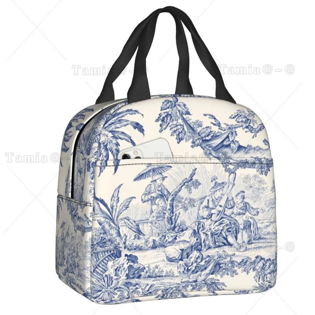 French Toile De Jouy Navy Blue Motif Pattern Thermal Insulated Lunch Bag Lunch Container for Outdoor Picnic Storage Food Box