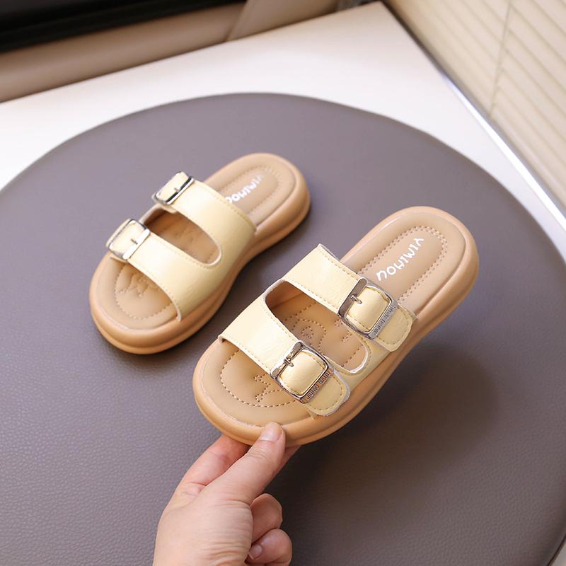 Children Slippers Outdoors Retro Kids Beach Shoes Soft Sole Korean Style 2025 Summer New Girls Sandals Elegant Chic Sweet Chic