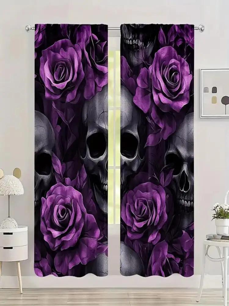 Set Of 2 Halloween Purple Rose Skull Design Pattern Printed Curtains Window Decorations Home Room Curtain Made Polyester