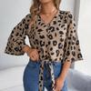 Mode Leopardenmuster Damen Bluse Langarm V-Ausschnitt Hemd Frühling Herbst Temperament Top